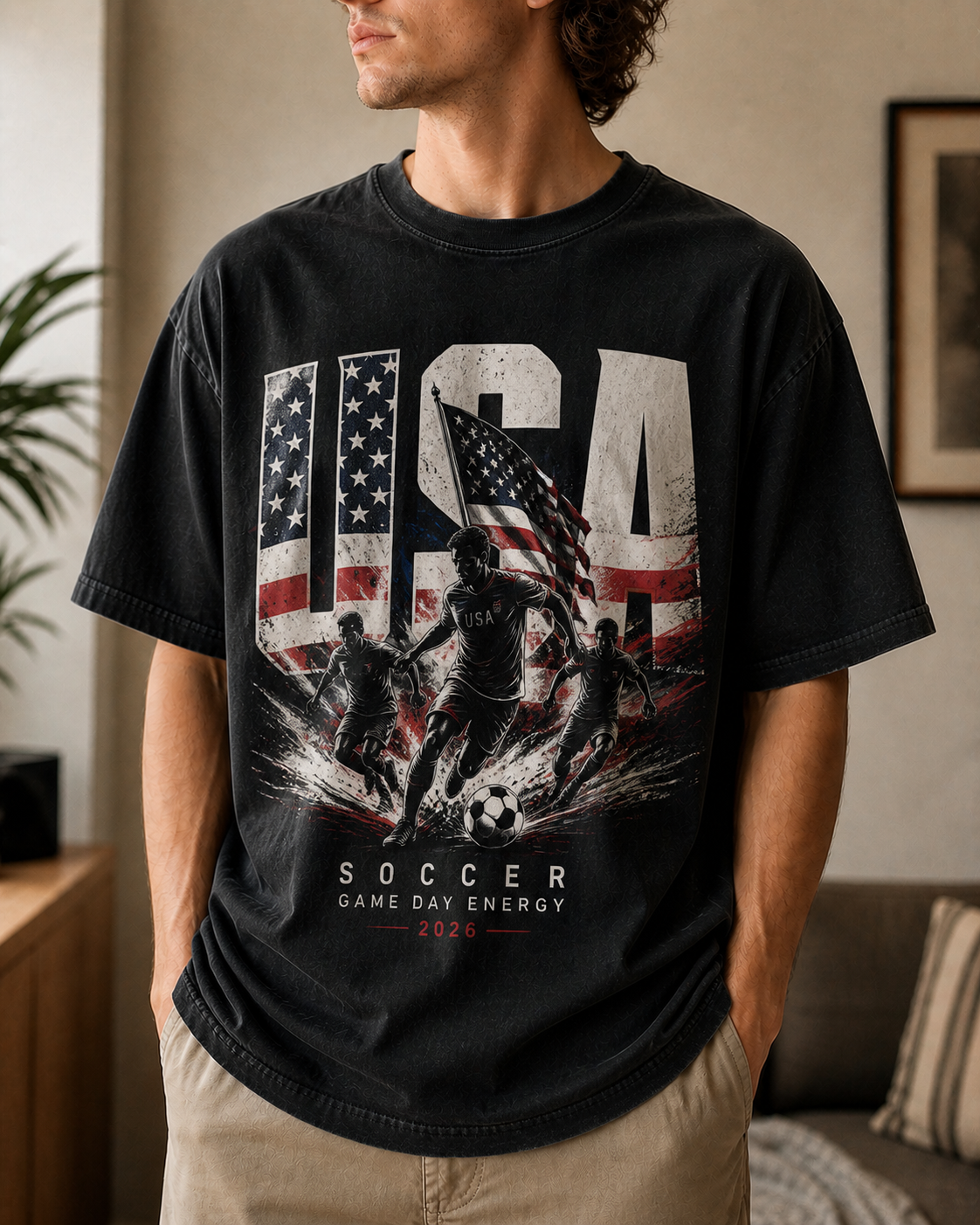 Black USA soccer graphic T-shirt design preview
